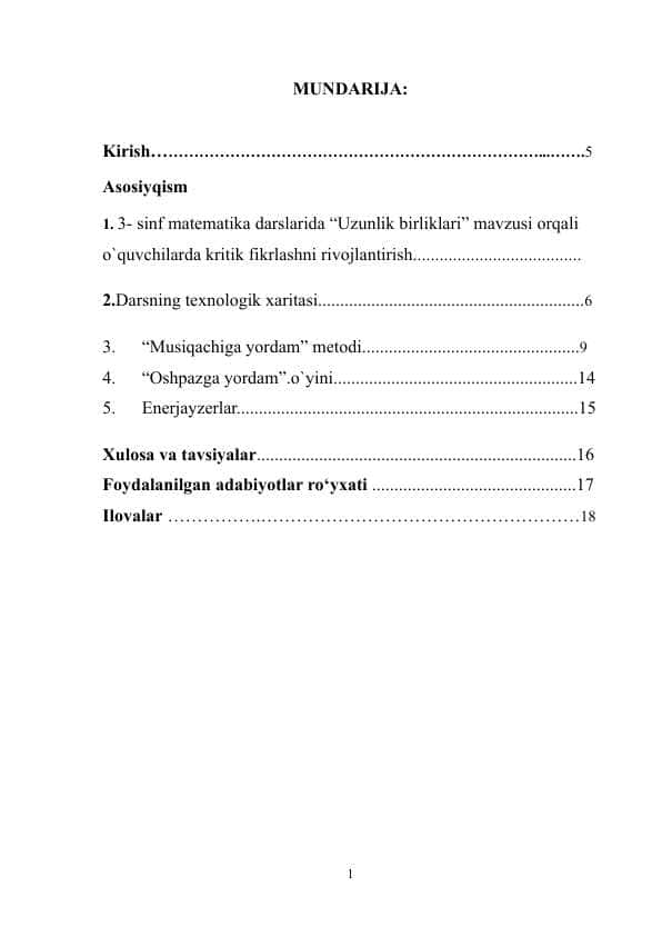 3- sinf matematika darslarida “Uzunlik birliklari” mavzusi orqali o`quvchilarda kritik fikrlashni rivojlantirish