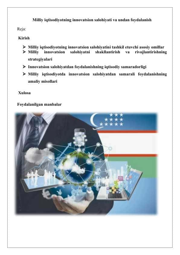 Milliy iqtisodiyotning innovatsion salohiyati va undan foydalanish 4-Topshiriq