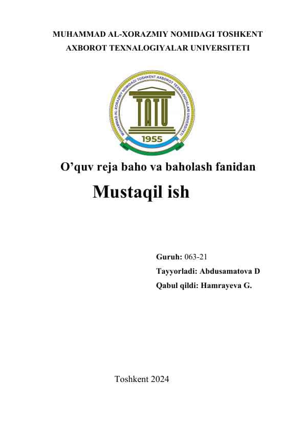 Ta’lim muassasasio’quv rejasi. O’quv reja_meyoriy hujjat sifatida O’quv rejani tuzishda foydalaniladigan me’yoriy va metodik hujjatlar. O’quv reja tuzilishi. Natijaviy O’quv reja-o’quv vaqtini muqobillashtirishning kuchli vositasi. O’quv dasturlari.