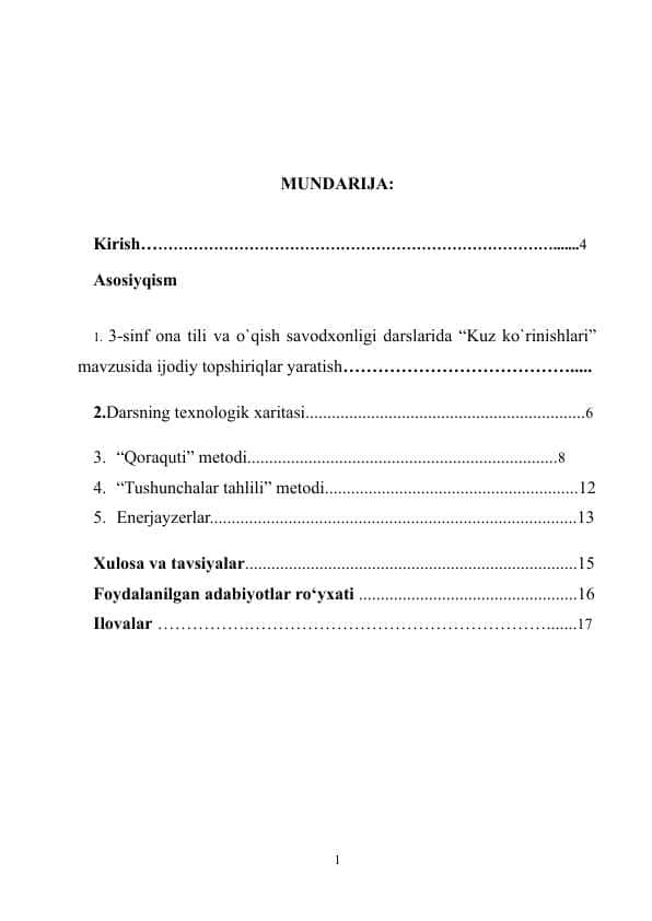 3-sinf ona tili va o`qish savodxonligi darslarida “Kuz ko`rinishlari” mavzusida ijodiy topshiriqlar yaratish