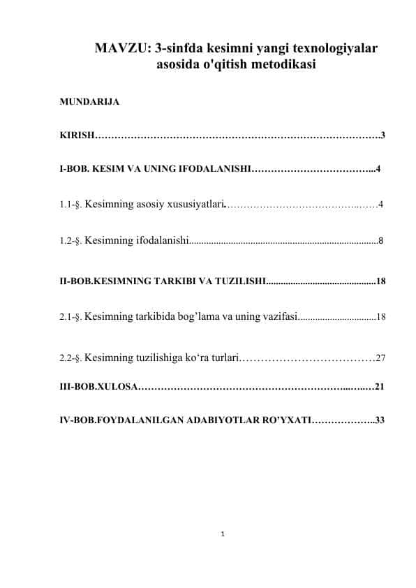 3-sinfda kesimni yangi texnologiyalar asosida o'qitish metodikasi