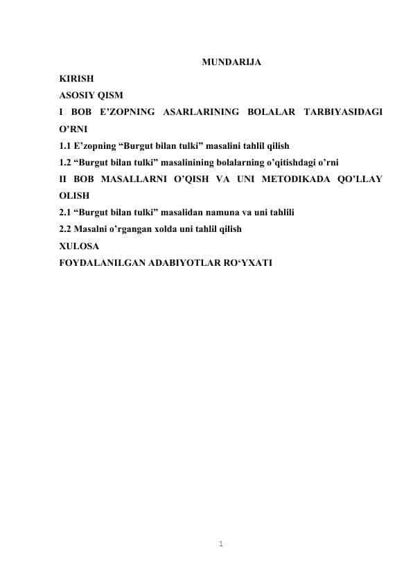 E’ZOPNING “BURGUT BILAN TULKI” MASALINI O’QITISH METODIKASI)