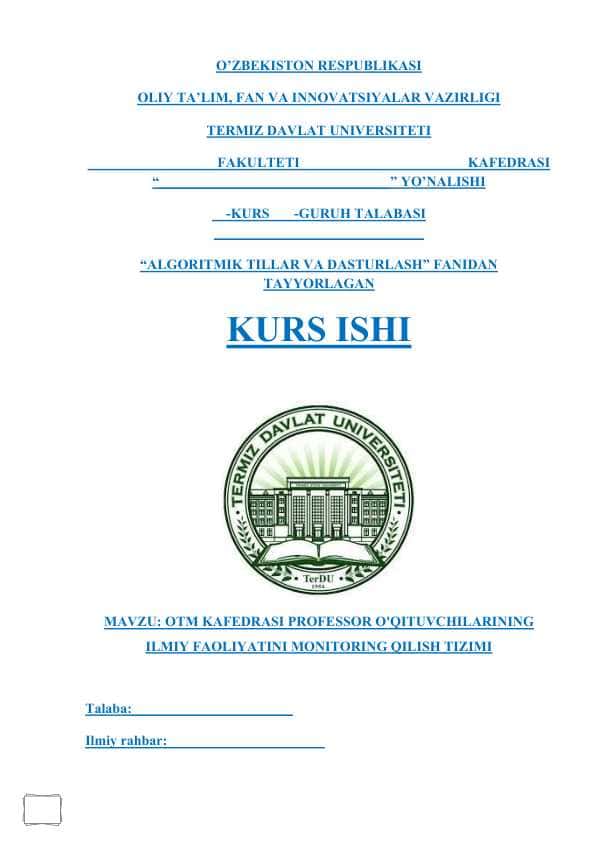 OTM KAFEDRASI PROFESSOR O'QITUVCHILARINING ILMIY FAOLIYATINI MONITORING QILISH TIZIMIOTM KAFEDRASI PROFESSOR O'QITUVCHILARINING ILMIY FAOLIYATINI MONITORING QILISH TIZIMIOTM KAFEDRASI PROFESSOR O'QITUVCHILARINING ILMIY FAOLIYATINI MONITORING QILISH TIZIMI