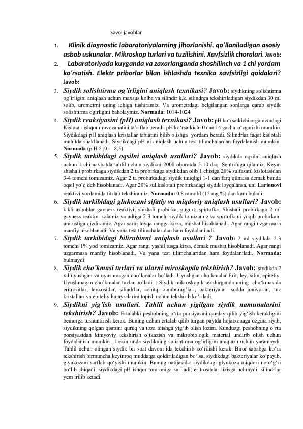 Labaratoriyadan Toifa uchun SAVOLLARGA JAVOBLAR . ЛАБОРАТОРИЯДАН САВОЛЛАР ВА ЖАВОБЛАР