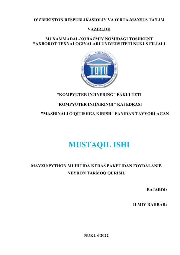 Python muhitida keras paketidan foydalanib neyron tarmoq qurish