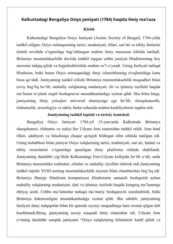 Kalkuttadagi Bengaliya Osiyo jamiyati (1784) haqida ilmiy ma’ruza 25