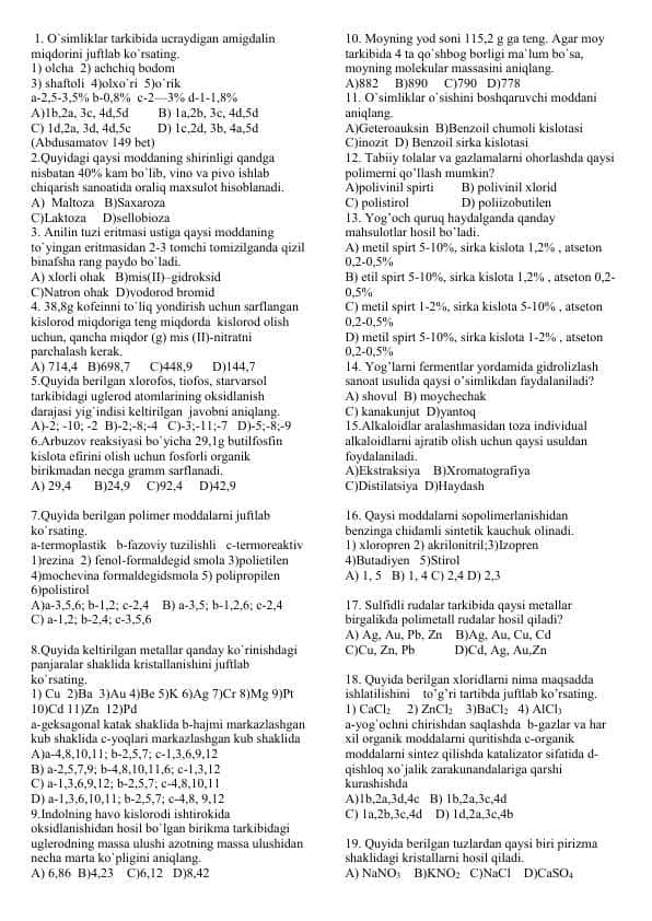 Kimyo fanidan 600 talik test