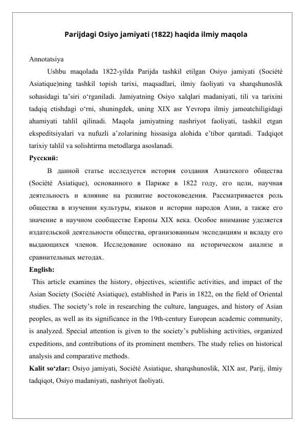 Parijdagi Osiyo jamiyati (1822) haqida ilmiy maqola 25