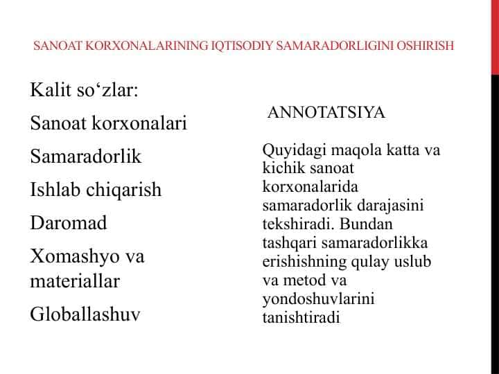 Sanoat korxonalarining iqtisodiy samaradorligini oshirish