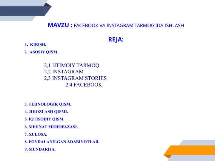 FACEBOOK VA INSTAGRAM TARMOG’IDA ISHLASH