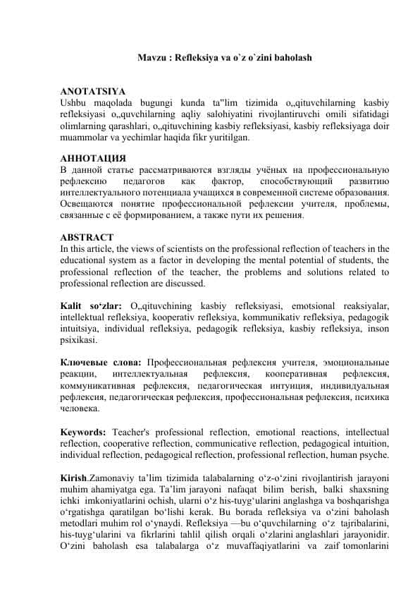 refleksiya va o`z o`zini baholash