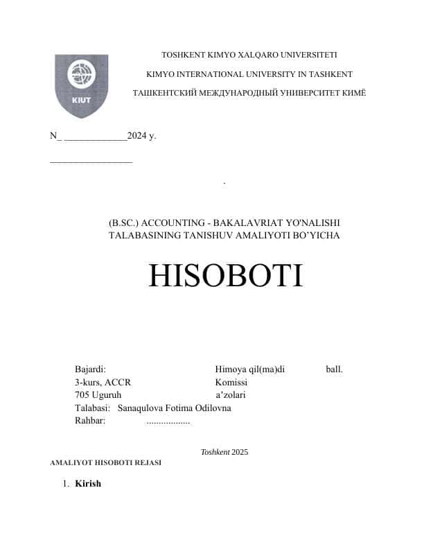 Asaka bank boʻyicha AMALIYOT HISOBOTI. (DAFTARCHASI)