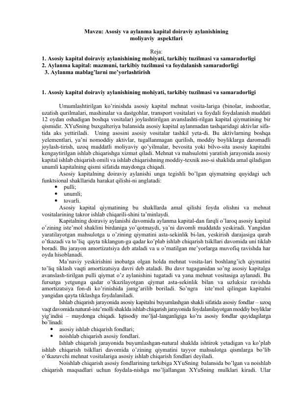 Asosiy va aylanma kapital doiraviy aylanishining moliyaviy aspektlari