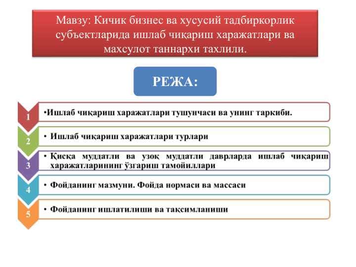Кичик бизнес ва хусусий тадбиркорлик субъектларида ишлаб чиқариш харажатлари ва махсулот таннархи тахлили