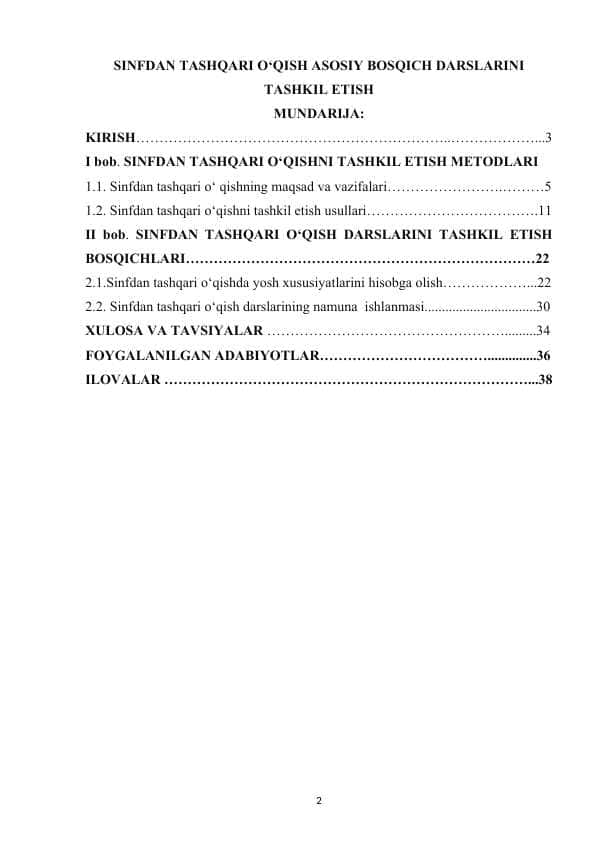 SINFDAN TASHQARI O‘QISH ASOSIY BOSQICH DARSLARINI TASHKIL ETISH