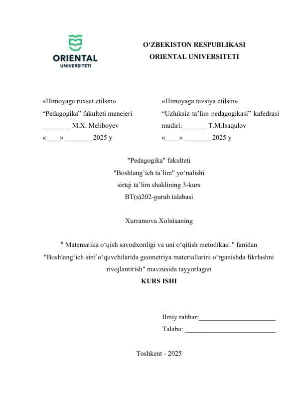 Boshlang‘ich sinf o‘quvchilarida geometriya materiallarini o‘rganishda fikrlashni rivojlantirish