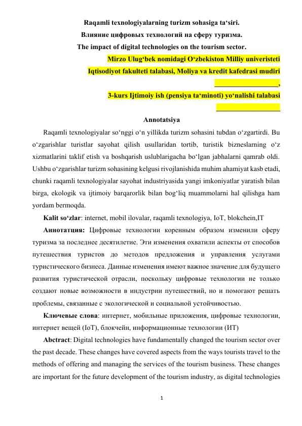 Raqamli texnologiyalarning turizm sohasiga taโsiri
