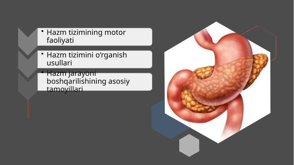 Fiziologiya. Hazm tizimining motor faoliyati Hazm tizimini o‘rganish usullari Hazm jarayoni boshqarilishining asosiy tamoyillari