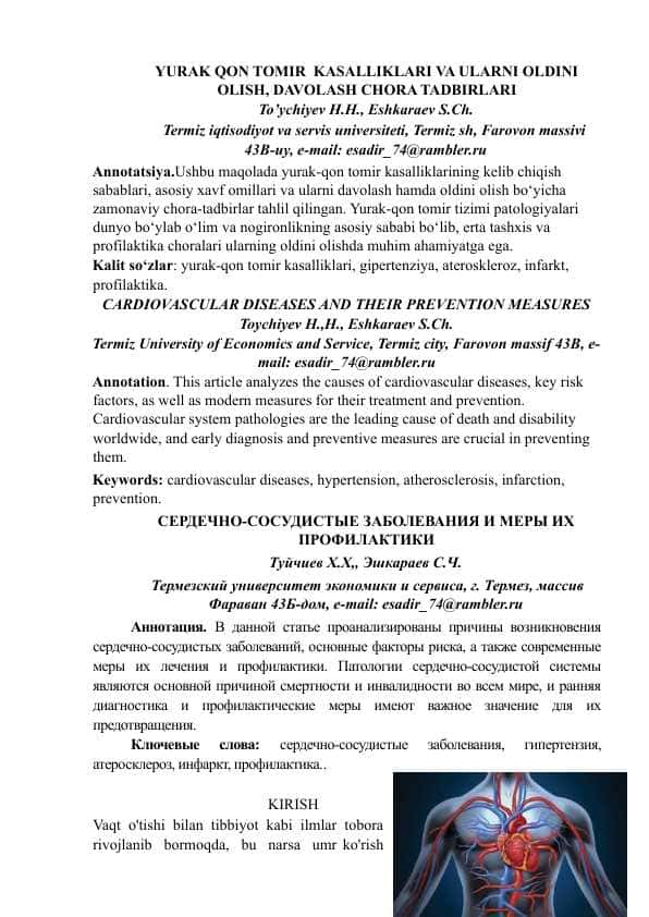 YURAK QON TOMIR KASALLIKLARI VA ULARNI OLDINI OLISH, DAVOLASH CHORA TADBIRLARI