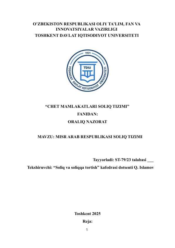 MAVZU: MISR ARAB RESPUBLIKASI SOLIQ TIZIMI.