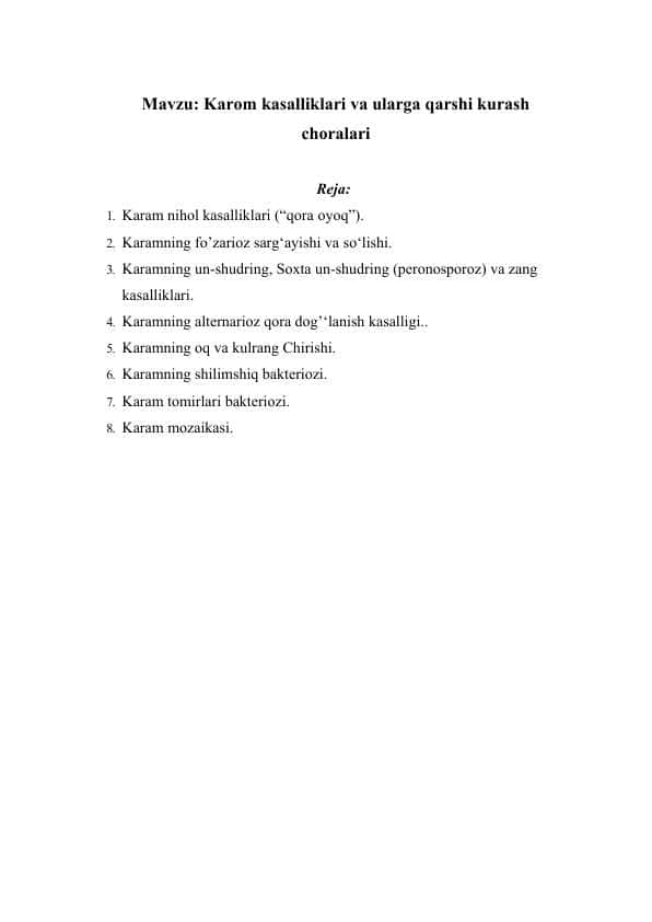 Karom kasalliklari va ularga qarshi kurash choralari