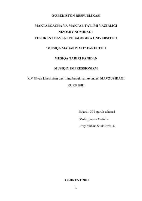 K.V Glyuk klassitsizm davrining buyuk namoyondasi
