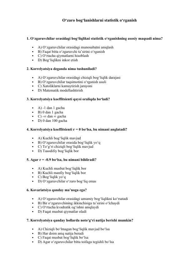 O‘zaro bog‘lanishlarni statistik o‘rganish test