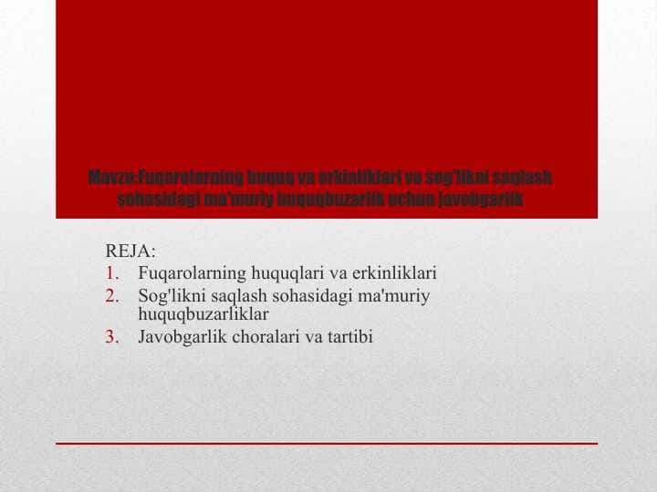 Fuqarolarning huquq va erkinliklari va sog'likni saqlash sohasidagi ma'muriy huquqbuzarlik uchun javobgarlik
