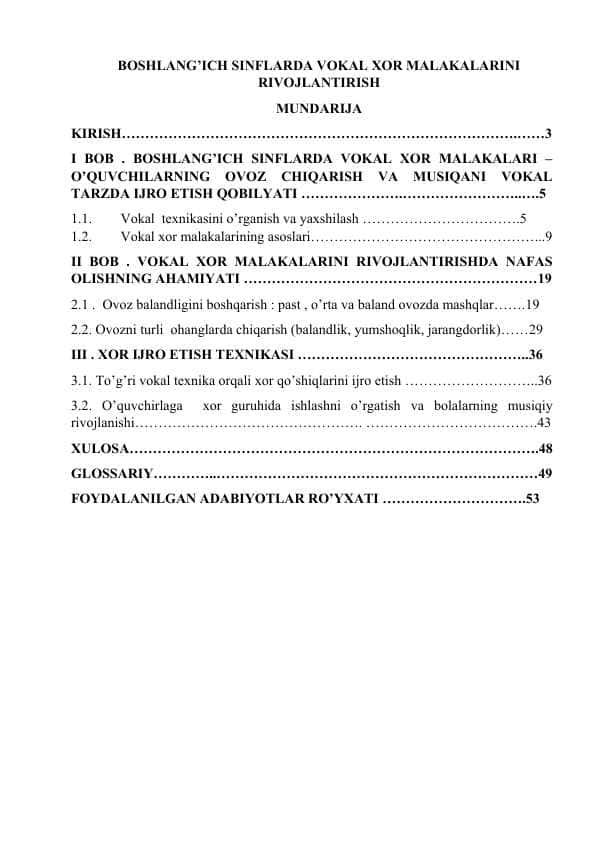 BOSHLANG’ICH SINFLARDA VOKAL XOR MALAKALARINI RIVOJLANTIRISH