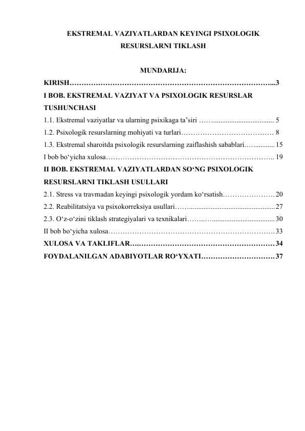 EKSTREMAL VAZIYATLARDAN KEYINGI PSIXOLOGIK RESURSLARNI TIKLASH