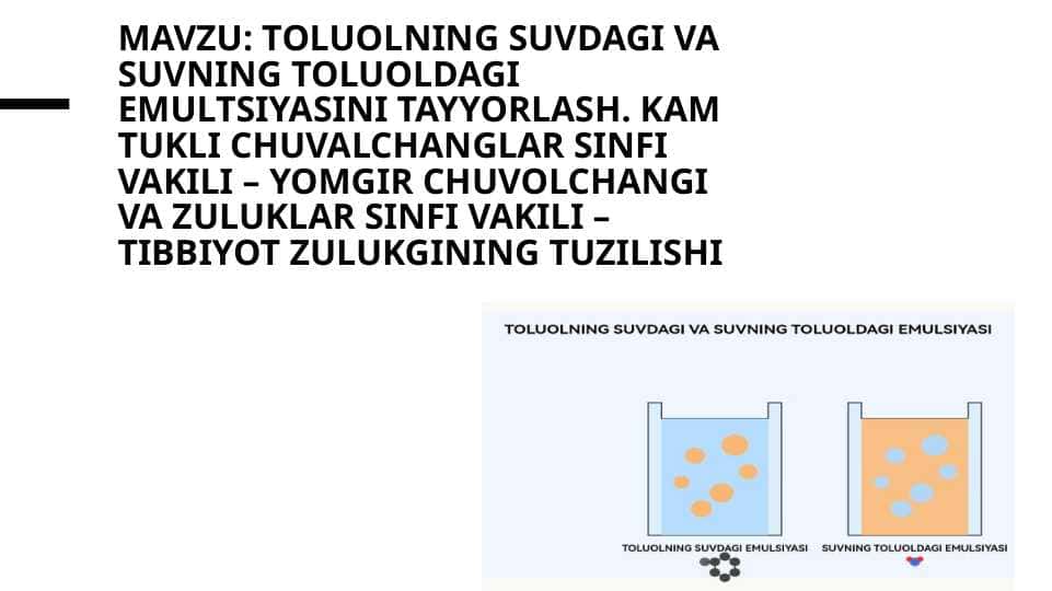 TOLUOLNING SUVDAGI VA SUVNING TOLUOLDAGI EMULTSIYASINI TAYYORLASH.
KAM TUKLI CHUVALCHANGLAR
SINFI VAKILI - YOMGIR
CHUVOLCHANGI VA ZULUKLAR
SINFI VAKILI - TIBBIYOT
ZULUKGINING TUZILISHI