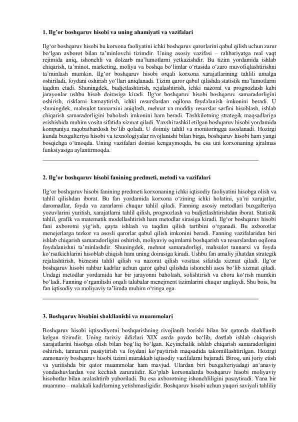 BOSHQARUV HISOBIGA KIRISH FANIDAN NAZORAT SAVOLLARI JAVOBLARI