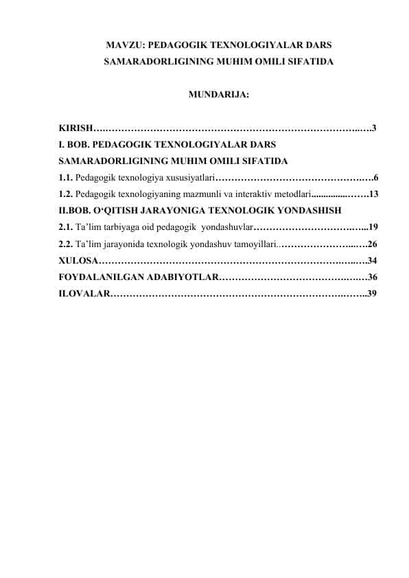 PEDAGOGIK TEXNOLOGIYALAR DARS SAMARADORLIGINING MUHIM OMILI SIFATIDA