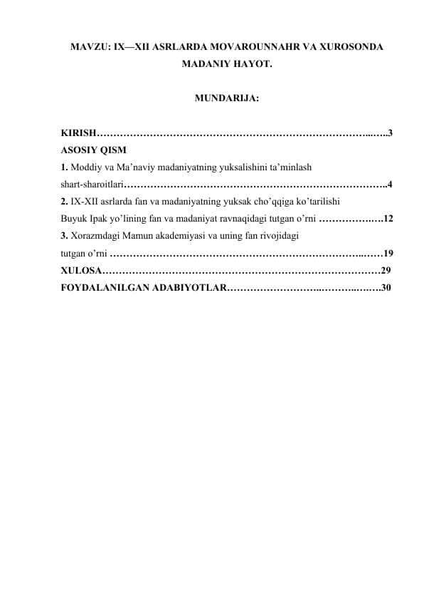 IX—XII ASRLARDA MOVAROUNNAHR VA XUROSONDA MADANIY HAYOT. .docx
