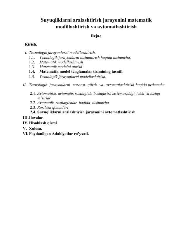 Suyuqliklarni aralashtirish jarayonini matematik modillashtirish va avtomatlashtirish