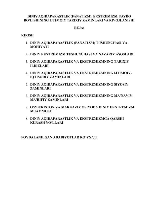 DINIY AQIDAPARASTLIK (FANATIZM), EKSTREMIZM, PAYDO BOʻLISHINING IJTIMOIY TARIXIY ZAMINLARI VA RIVOJLANISHI