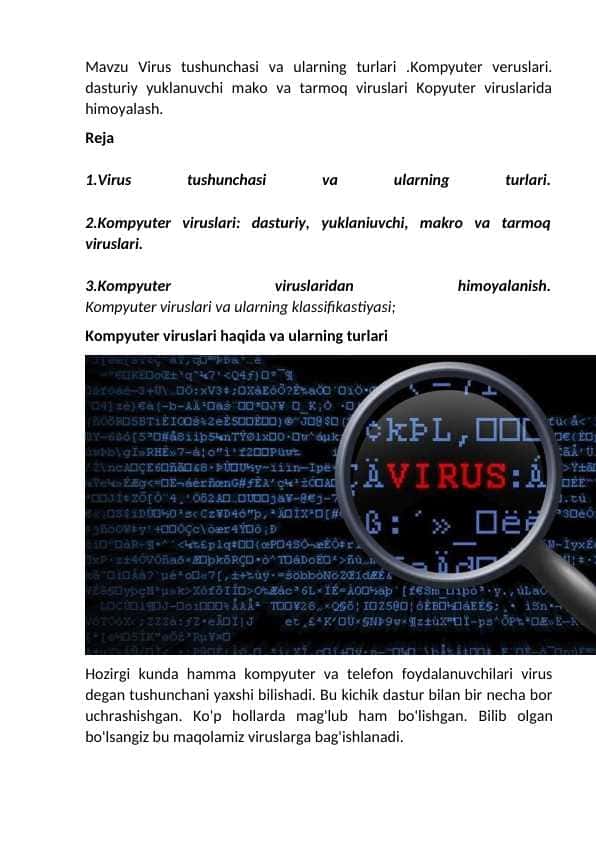 Virus tushunchasi va ularning turlar..