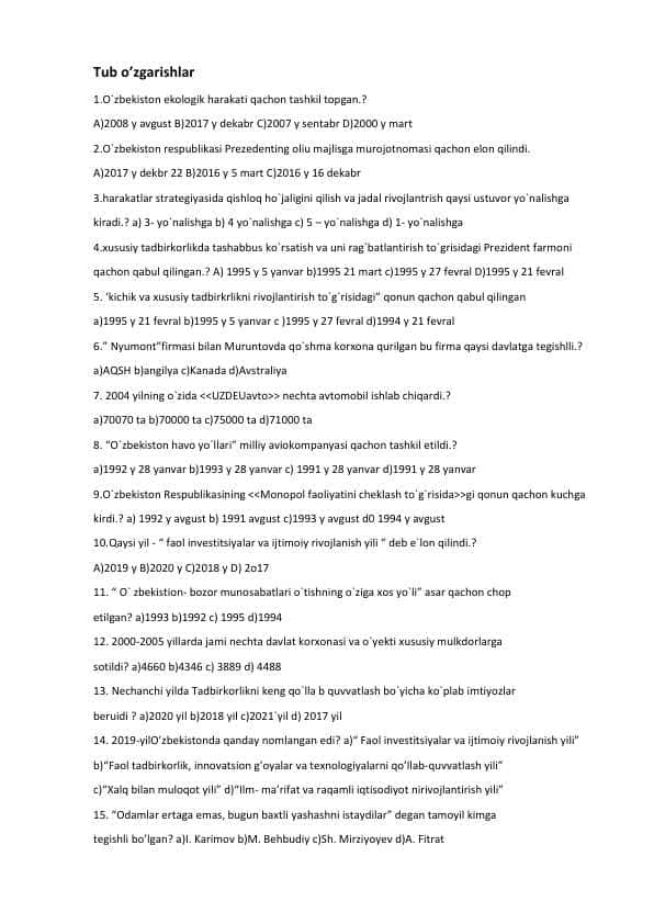 Mustaqillikdan keyingi tub o’zgarishlar (test 15ta javobli)