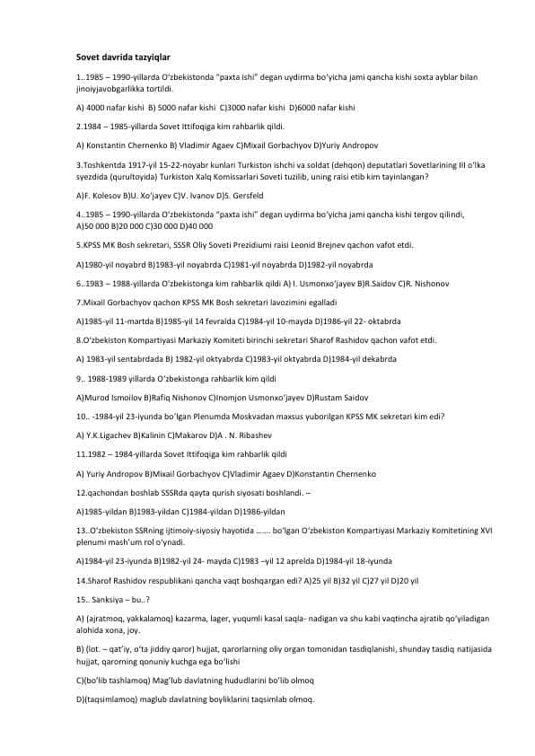 Sovet davrida tazyiqlar (test 15ta javobli)