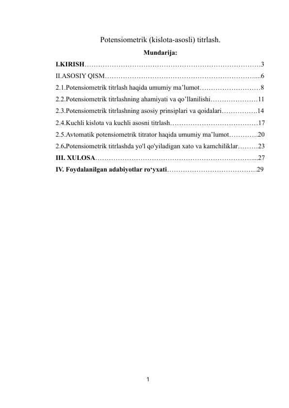 Potensiometrik (kislota-asosli) titrlash.