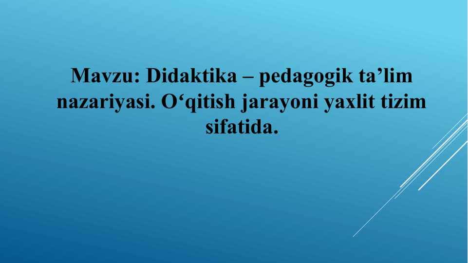 Didaktika – pedagogik ta’lim nazariyasi. Oʻqitish jarayoni yaxlit tizim sifatida.