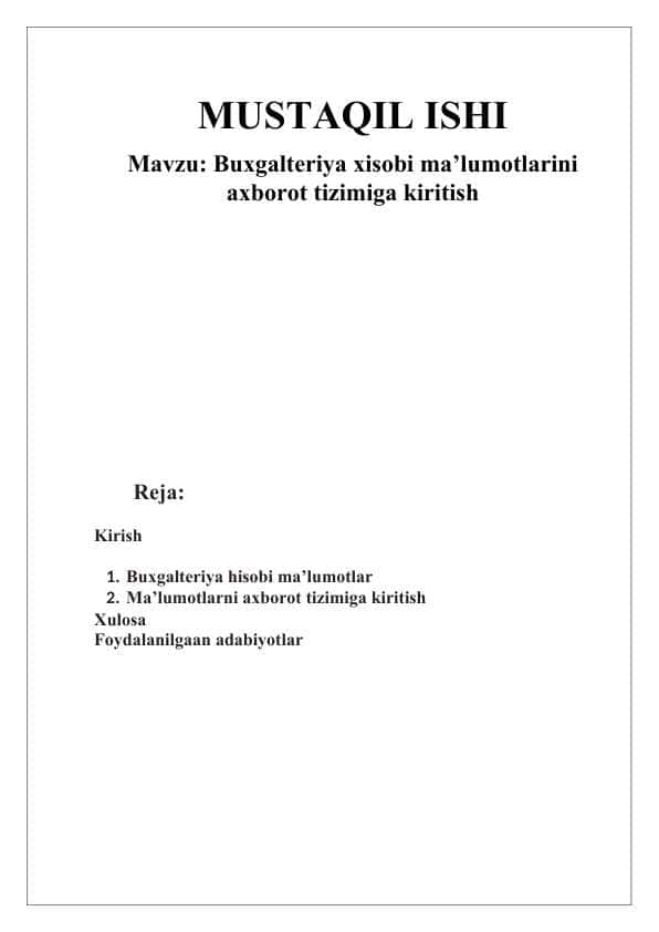 Buxgalteriya xisobi ma’lumotlarini axborot tizimiga kiritish