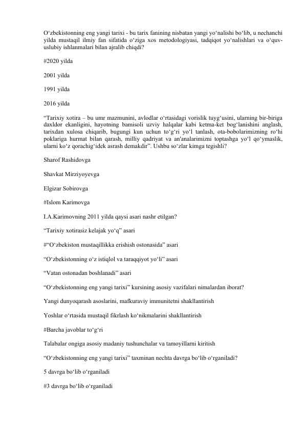 ozbekistonning eng yangi tarixi test