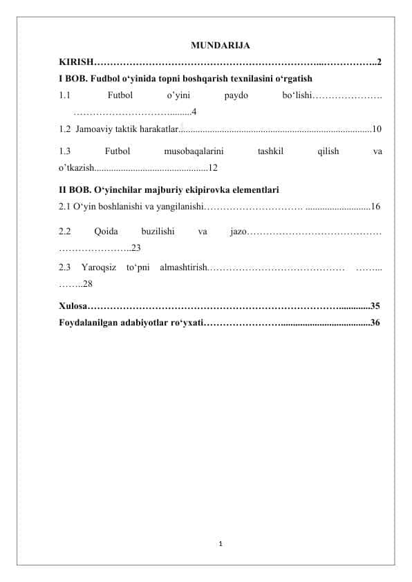 Kurs ishi Fudbol o‘yinida topni boshqarish texnilasini o‘rgatish