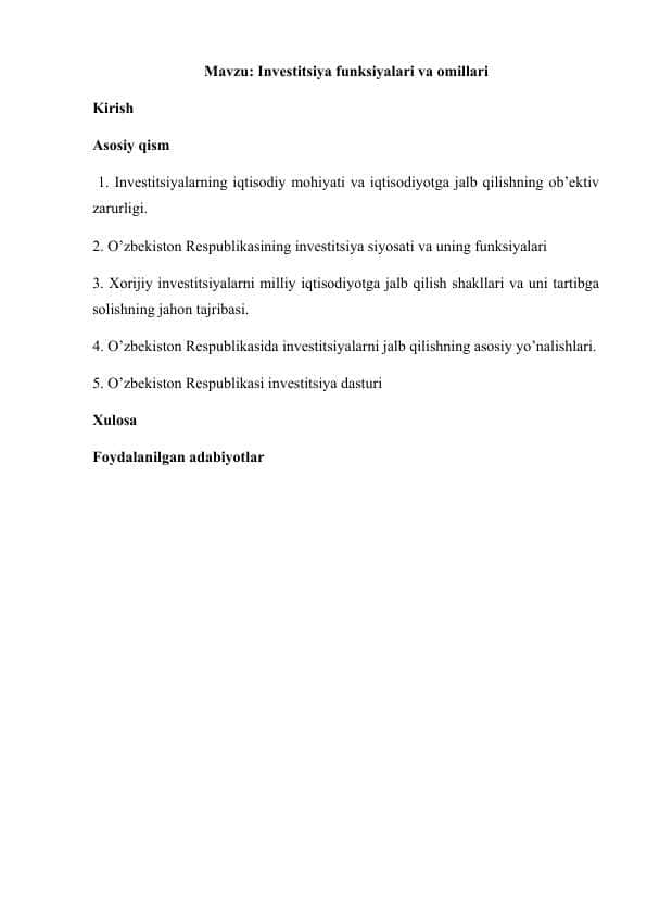 Investitsiya funksiyalari va omillari
