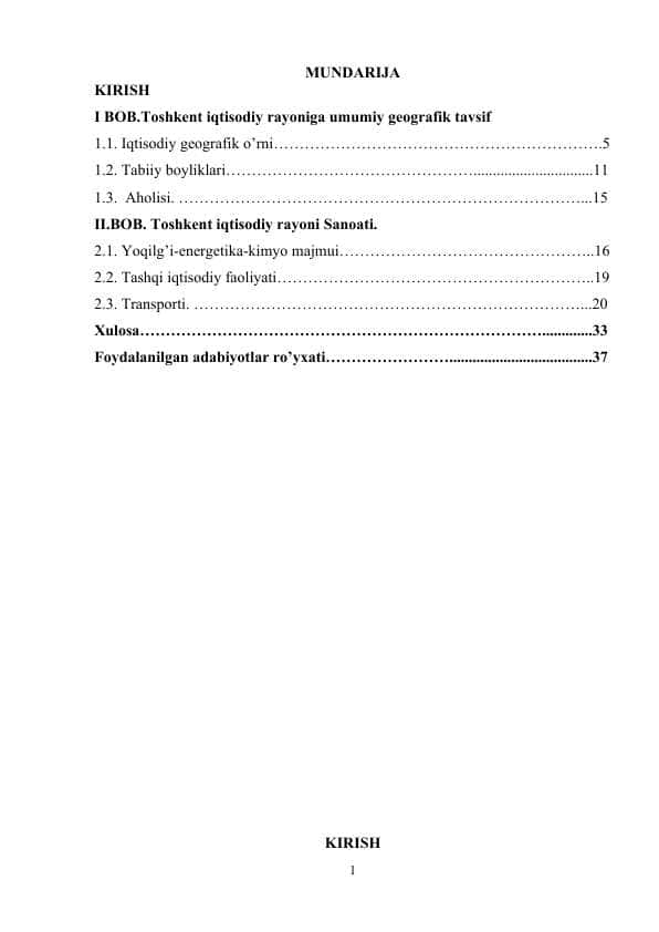 Kurs ishi Toshkent iqtisodiy rayoniga umumiy geografik tavsif