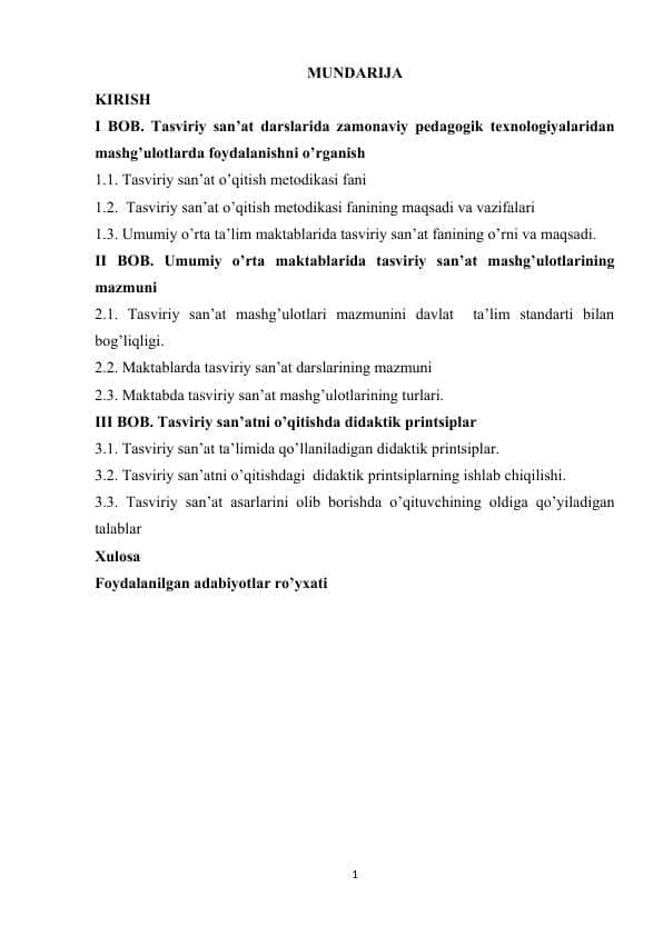 Kurs ishi Tasviriy san’at darslarida zamonaviy pedagogik texnologiyalaridan mashg’ulotlarda foydalanishni o’rganish