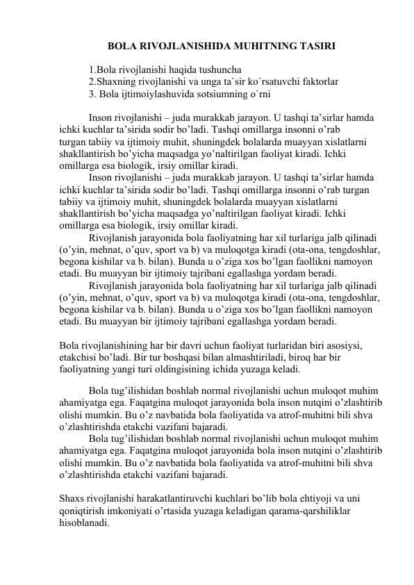 BOLA RIVOJLANISHIDA MUHITNING TASIRI