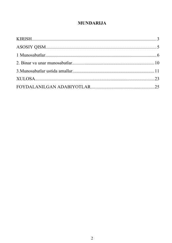 Munosabatlar (Unar va Binar) va ular ustida amallar