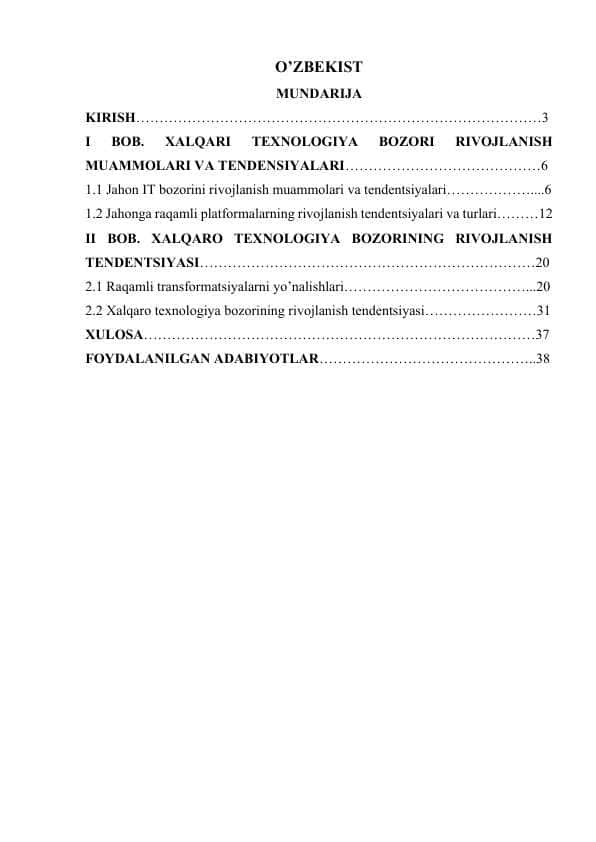 XALQARI TEXNOLOGIYA BOZORI RIVOJLANISH MUAMMOLARI VA TENDENSIYALARI